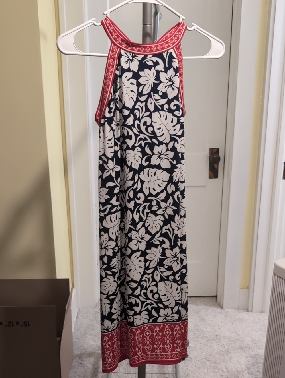 Max Studio Navy and White Floral Midi Dress with Red Trim